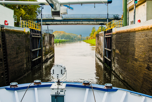 Moving forward at the lower water level out of the lock.