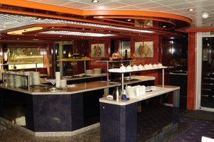 Buffet serving area for breakfast and lunch on Ship Avalon Tranquility.