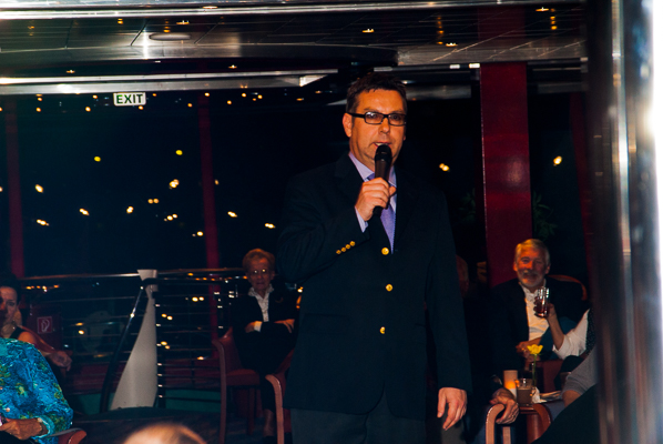 Cruise Director Andrzej Sanakiewicz on the Avalon Tapestry. 